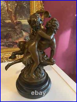 Bronze Figure Bronze Sculpture Antique Satyr and Nymph on Marble Base