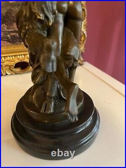 Bronze Figure Bronze Sculpture Antique Satyr and Nymph on Marble Base