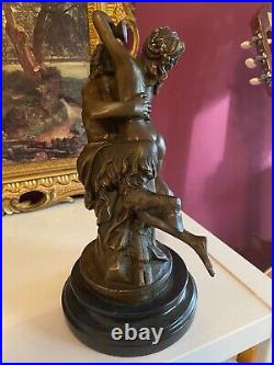 Bronze Figure Bronze Sculpture Antique Satyr and Nymph on Marble Base