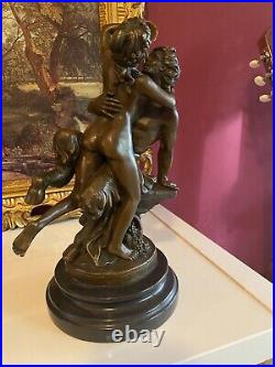 Bronze Figure Bronze Sculpture Antique Satyr and Nymph on Marble Base