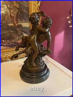 Bronze Figure Bronze Sculpture Antique Satyr and Nymph on Marble Base