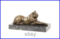 Bronze Figure Bronze Statue Bronze Cat Lying on Marble Base Decoration EJA0393