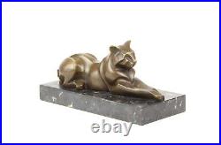 Bronze Figure Bronze Statue Bronze Cat Lying on Marble Base Decoration EJA0393