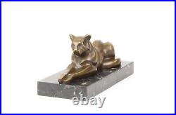 Bronze Figure Bronze Statue Bronze Cat Lying on Marble Base Decoration EJA0393