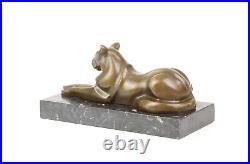 Bronze Figure Bronze Statue Bronze Cat Lying on Marble Base Decoration EJA0393