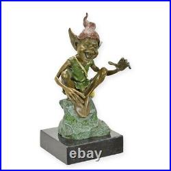 Bronze Figure Sculpture Statue Goblin Marble Base Saxophone Mythology EJA0968