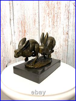 Bronze Figurine Rabbit Signed Bronze Mounted on Marble