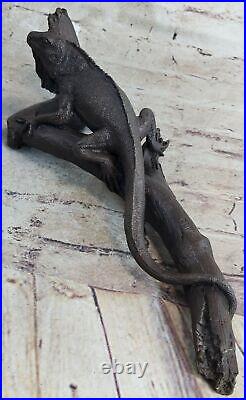 Bronze Iguana on Tree Branch Sculpture Hand Made Classic Reptile Artwork Statue