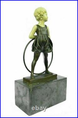 Bronze Sculpture Hand Made Art Statue Children Girl Child Holding Hula Hoop Art