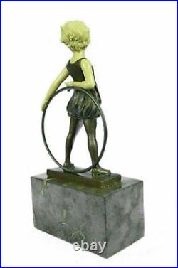 Bronze Sculpture Hand Made Art Statue Children Girl Child Holding Hula Hoop Art