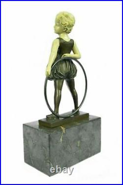 Bronze Sculpture Hand Made Art Statue Children Girl Child Holding Hula Hoop Deal