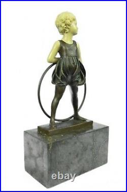 Bronze Sculpture Hand Made Art Statue Children Girl Child Holding Hula Hoop Gift