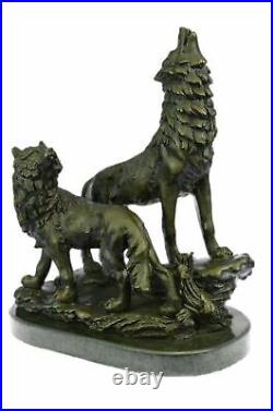 Bronze Sculpture, Hand Made Statue Animal Large Signed Lopez Two Wolves Wolf NR