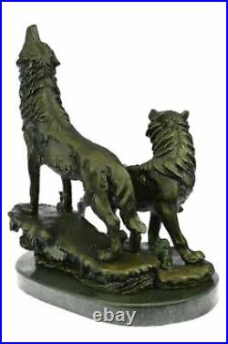 Bronze Sculpture, Hand Made Statue Animal Large Signed Lopez Two Wolves Wolf NR