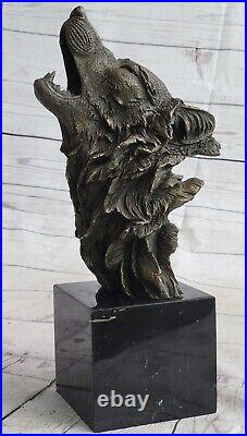 Bronze Sculpture, Hand Made Statue Animal Wolf Head Bust Wild Life Garden Figure