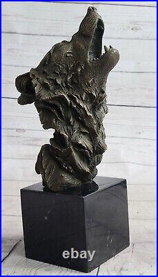 Bronze Sculpture, Hand Made Statue Animal Wolf Head Bust Wild Life Garden Figure