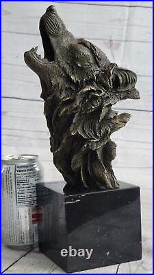 Bronze Sculpture, Hand Made Statue Animal Wolf Head Bust Wild Life Garden Statue