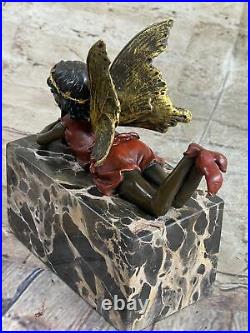 Bronze Sculpture, Hand Made Statue Art Nouveau Angel Fairy Red Patins Book-End