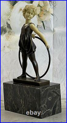 Bronze Sculpture, Hand Made Statue Children Girl Child Holding Hula Hoop Art Bronze Sculpture, Hand Made Statue Children Girl Child Holding Hula Hoop Art