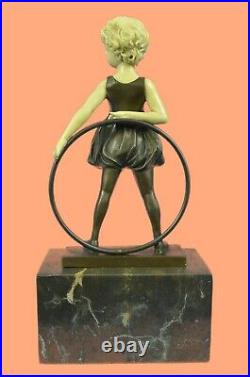 Bronze Sculpture, Hand Made Statue Children Girl Child Holding Hula Hoop Art