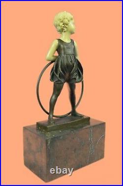 Bronze Sculpture, Hand Made Statue Children Girl Child Holding Hula Hoop Art