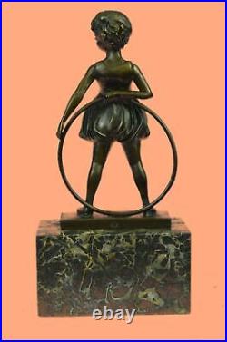 Bronze Sculpture, Hand Made Statue Children Girl Child Holding Hula Hoop Gift