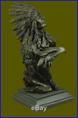 Bronze Sculpture, Hand Made Statue Native American Original Lrg Indian Chief NR