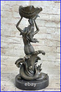 Bronze Sculpture Statue Hand Made Signed Leger Mermaid Candleholder Museum Quali