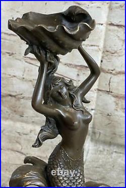 Bronze Sculpture Statue Hand Made Signed Leger Mermaid Candleholder Museum Quali