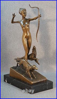 Bronze Statue Diana the Hunter with Dogs Erotic Nude Figure Sign. Lorenzl antique