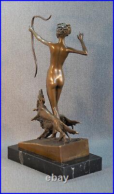Bronze Statue Diana the Hunter with Dogs Erotic Nude Figure Sign. Lorenzl antique