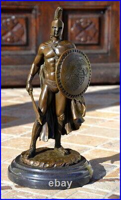 Bronze Statue Roman Warrior with Sword and Shield on Marble Base, Signed