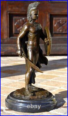 Bronze Statue Roman Warrior with Sword and Shield on Marble Base, Signed