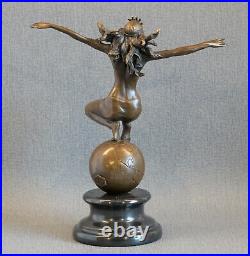 Bronze Statue Woman Globe Sign. Nick Art Deco Figure Nude Erotic