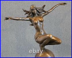 Bronze Statue Woman Globe Sign. Nick Art Deco Figure Nude Erotic