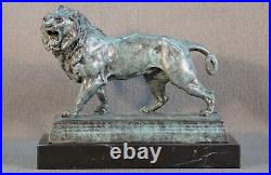 Bronze statue lion sig. Valton Decorative Predator Cat Art Figure Green Figure Antique Patina