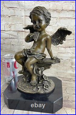 Cherub Angel Playing Pan Flute Hand Made Bronze Sculpture Home Decor Gift Figure