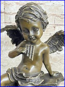 Cherub Angel Playing Pan Flute Hand Made Bronze Sculpture Home Decor Gift Figure