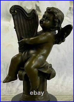 Cherub Angel Playing the Harp Bronze Sculpture Hot Cast Hand Made Statue Artwork