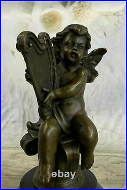 Cherub Angel Playing the Harp Bronze Sculpture Hot Cast Hand Made Statue Artwork