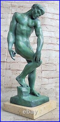 Classic Rodin Bronze Age Elegant Male Nude Figure Marble Statue Art