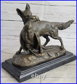 Decorative Bronze Fox with Pheasant Hand Made Marble Base Sculpture Figure Deco