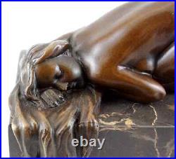 Erotic Bronze Statue Sleeping Erotic Nude on Marble Hand Signed
