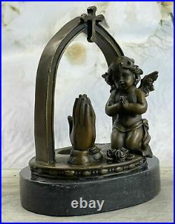 European Made Bronze Spring Praying Angel Statue Hot Cast Marble Base Artwork