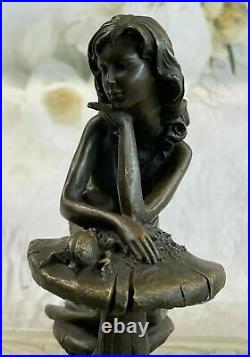 European Made e Bronze Tone Fairy Laying On A Mushroom Figurine Statue Sale