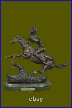 Fredrick Remington Warrior Handcast Bronze Sculpture Statue With Marble Figure