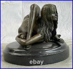 Genuine Solid Bronze Nude Girl Sculpture Statue Female Art Deco Marble Base