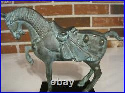 Green Bronze Metal Prancing Horse Statue With Wood Base Made In Korea