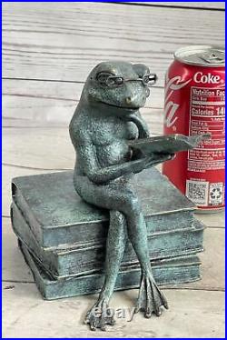 Green Patina Hand Made Cute Frog With Glasses Reading Bronze Statue