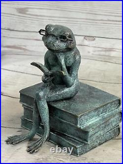 Green Patina Hand Made Cute Frog With Glasses Reading Bronze Statue